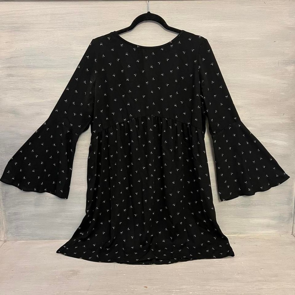 Loft Empire Waist Bell Sleeve Black Silver Crescent Moon Print Dress Medium LN
